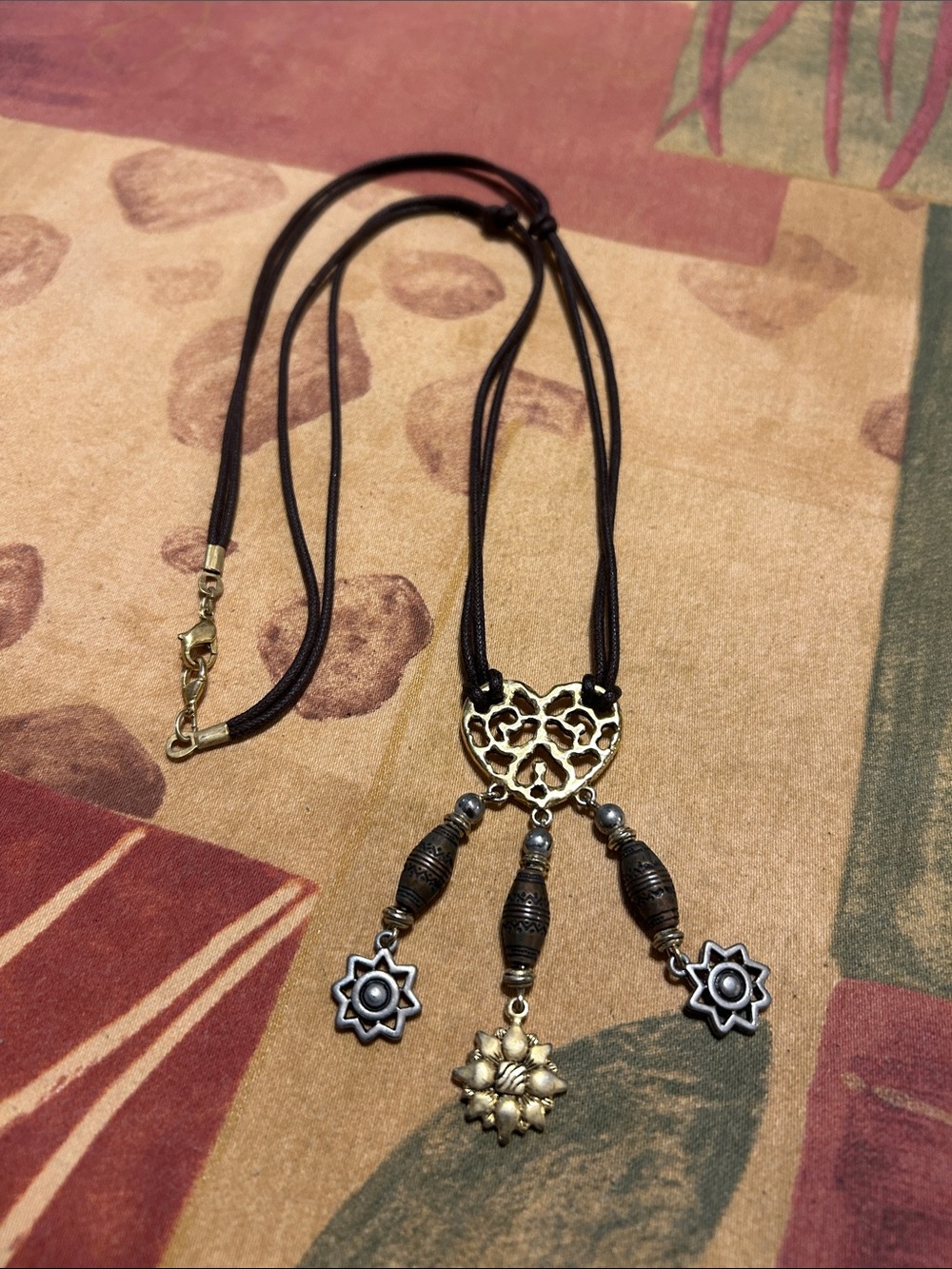 Boho Heart Pendant Necklace with Charms - Black and Gold